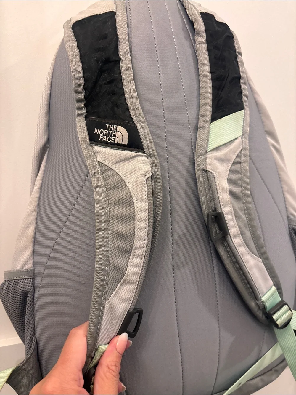 The North Face Backpack in Light Gray with Mint Accents